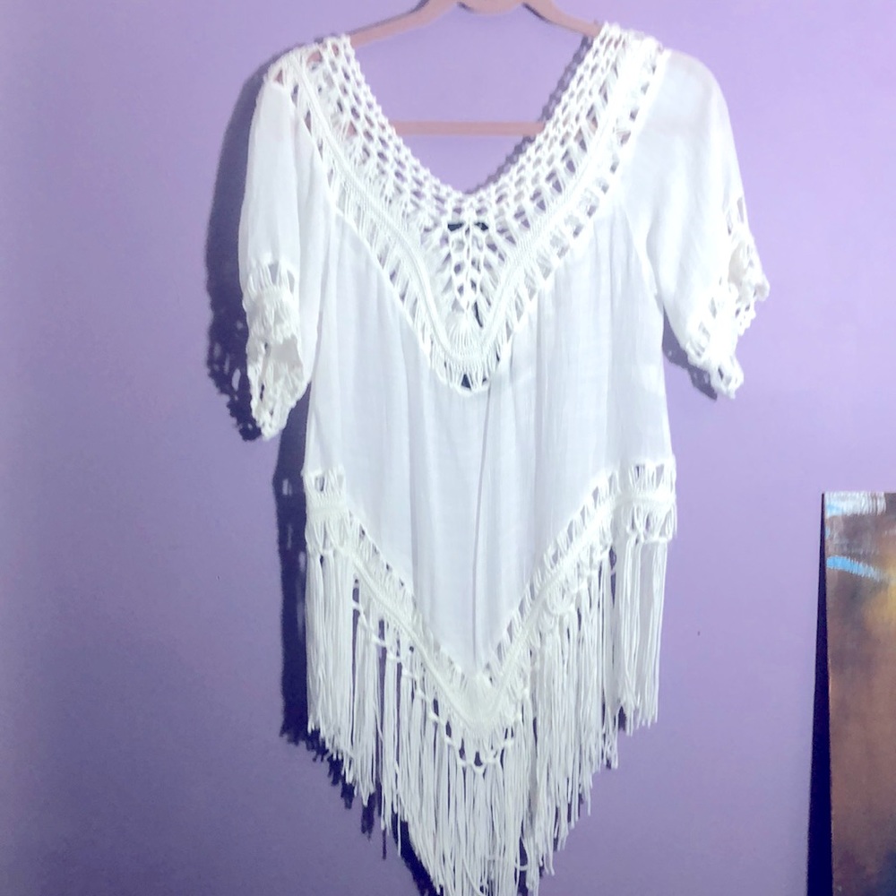 White Boho Fringe Top